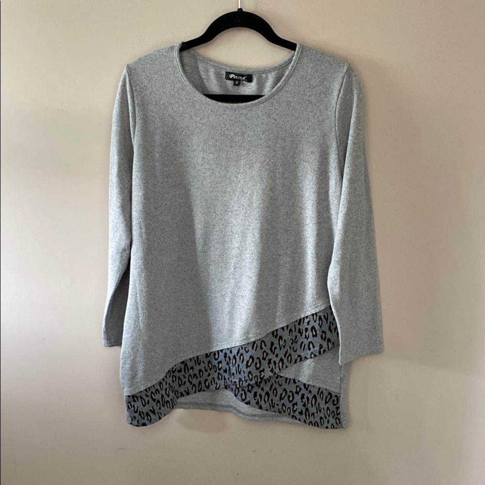 Gray Asymmetrical Sweatshirt with Leopard Spotted Trim
